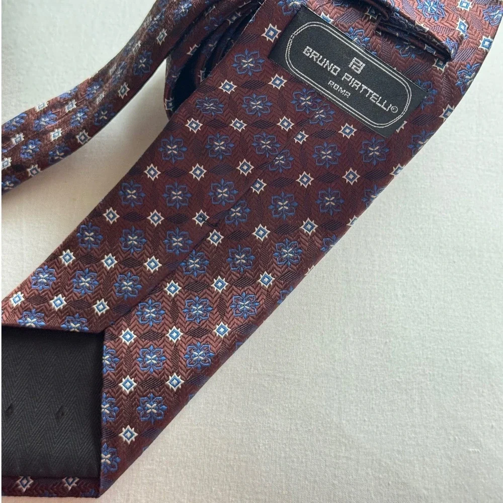 Bruno Piattelli Necktie Men One Size Burgundy Blue Geometric Floral Silk Tie